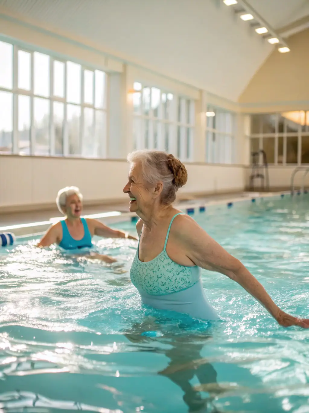 A photo of a group of senior citizens enjoying a water aerobics class at the AQUATIC CLUB, emphasizing the club's commitment to all age groups.