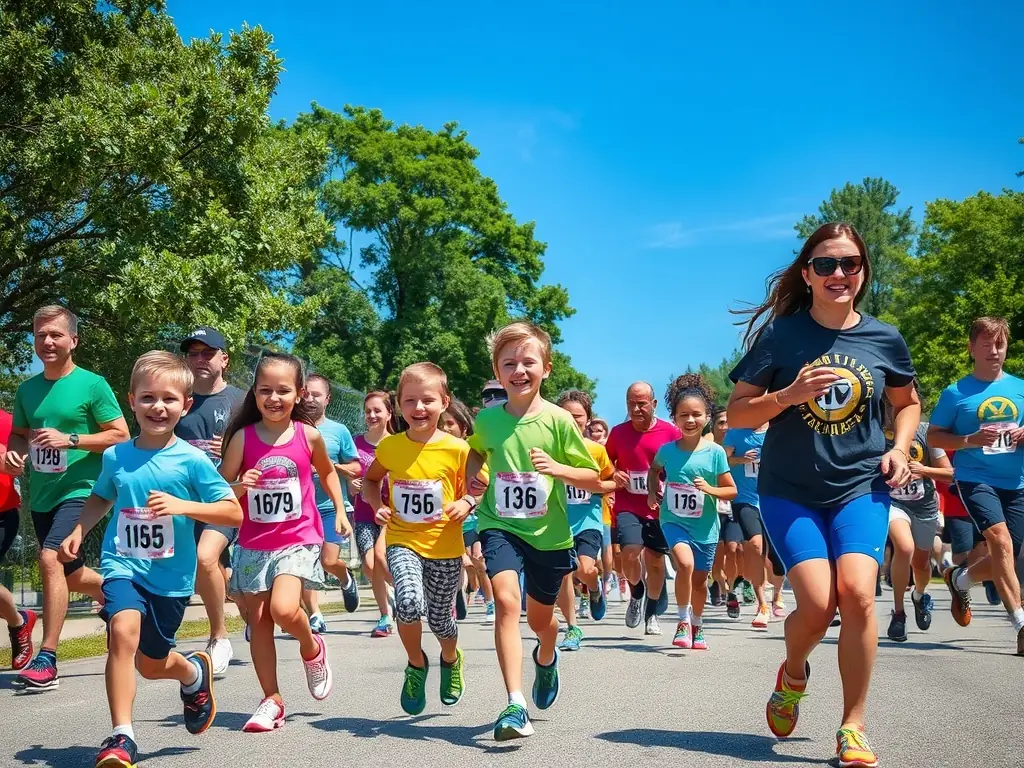 A diverse group of people participating in a fun run along a scenic waterfront, promoting community engagement and healthy lifestyles.