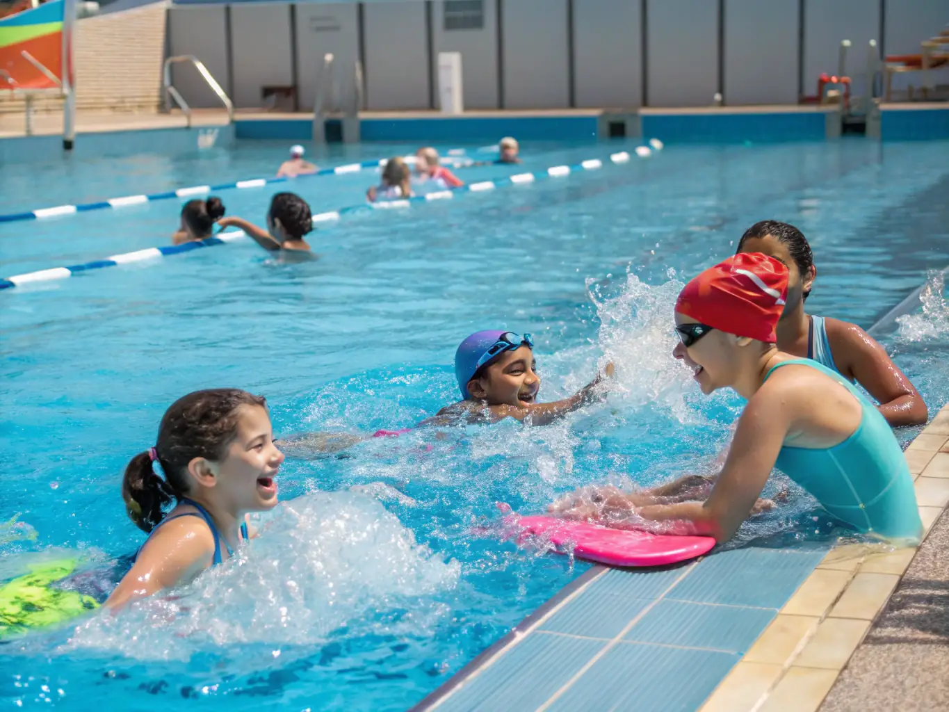 A group of swimmers practicing in an indoor pool, with coaches providing guidance, focusing on technique and endurance.